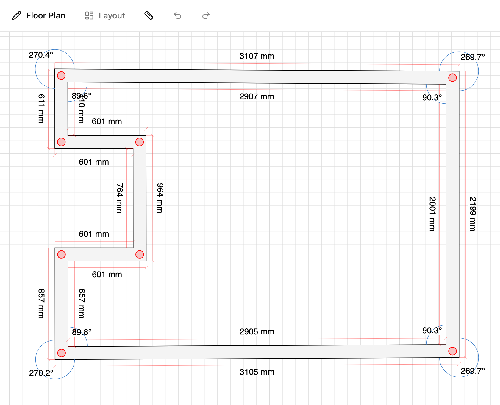 Finished alcove recess on a floor plan in TilingPlan