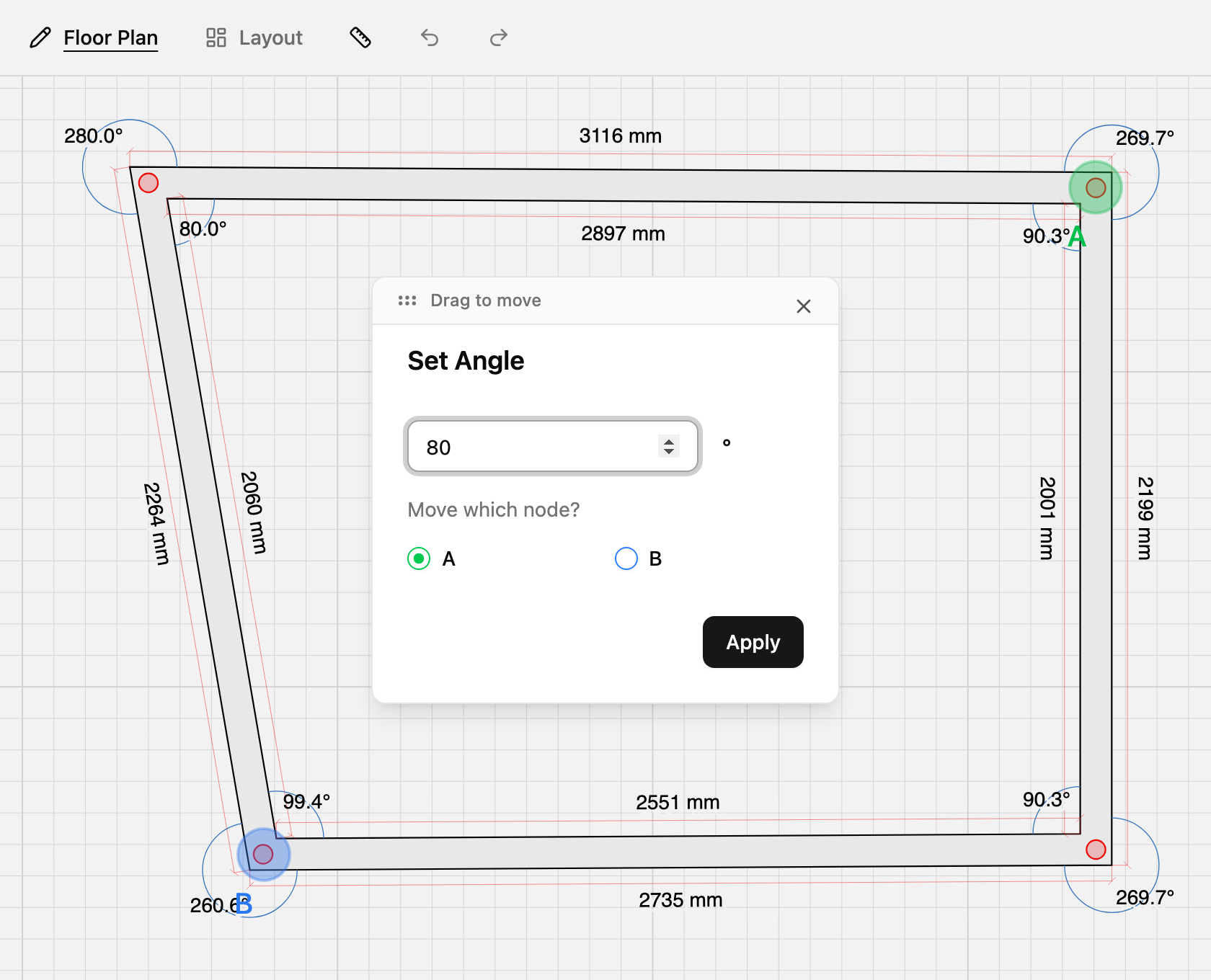 Angle dialog on a floor plan corner in TilingPlan