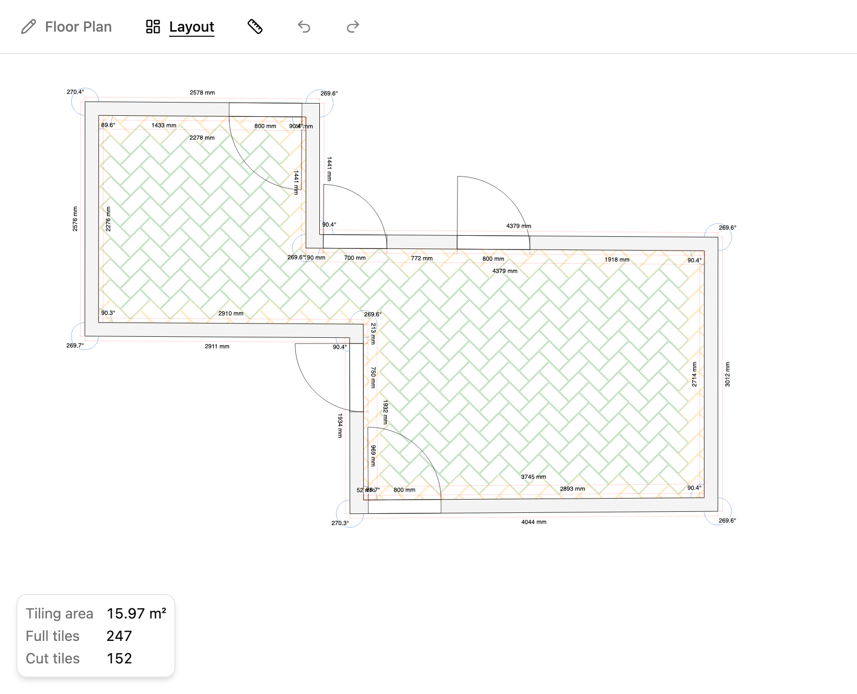 Tile layout on a floor plan traced from a guide image in TilingPlan