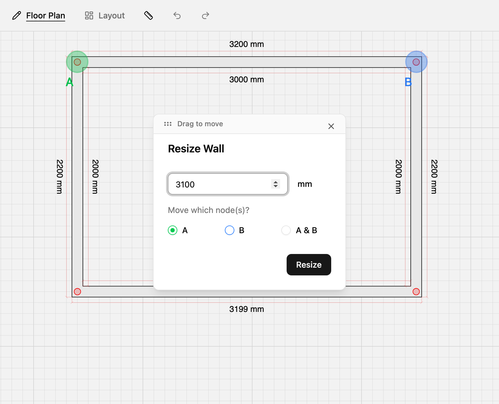 Editing an outer wall length on a rectangular floor plan in TilingPlan