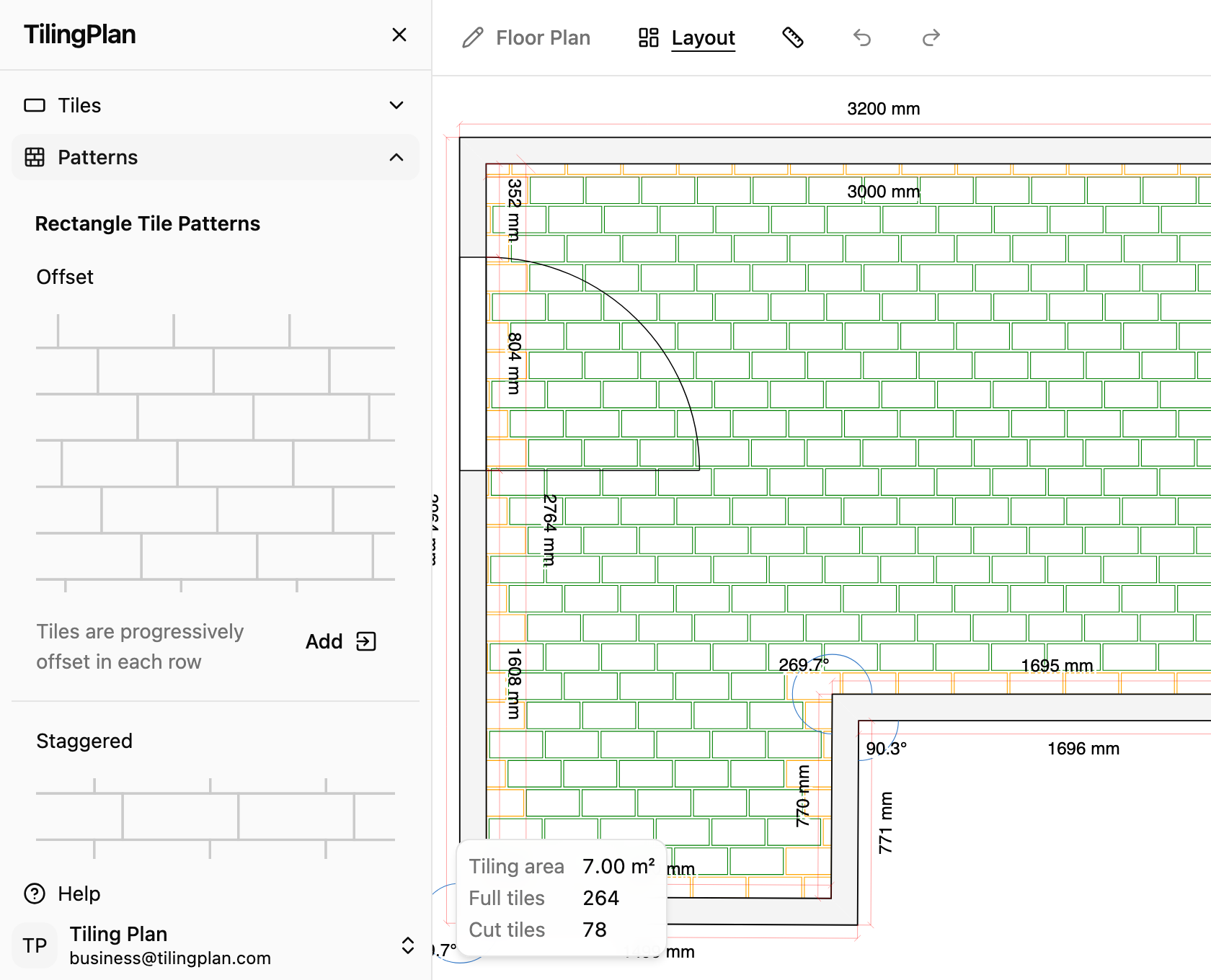 Patterns panel with a tiled room layout preview in TilingPlan