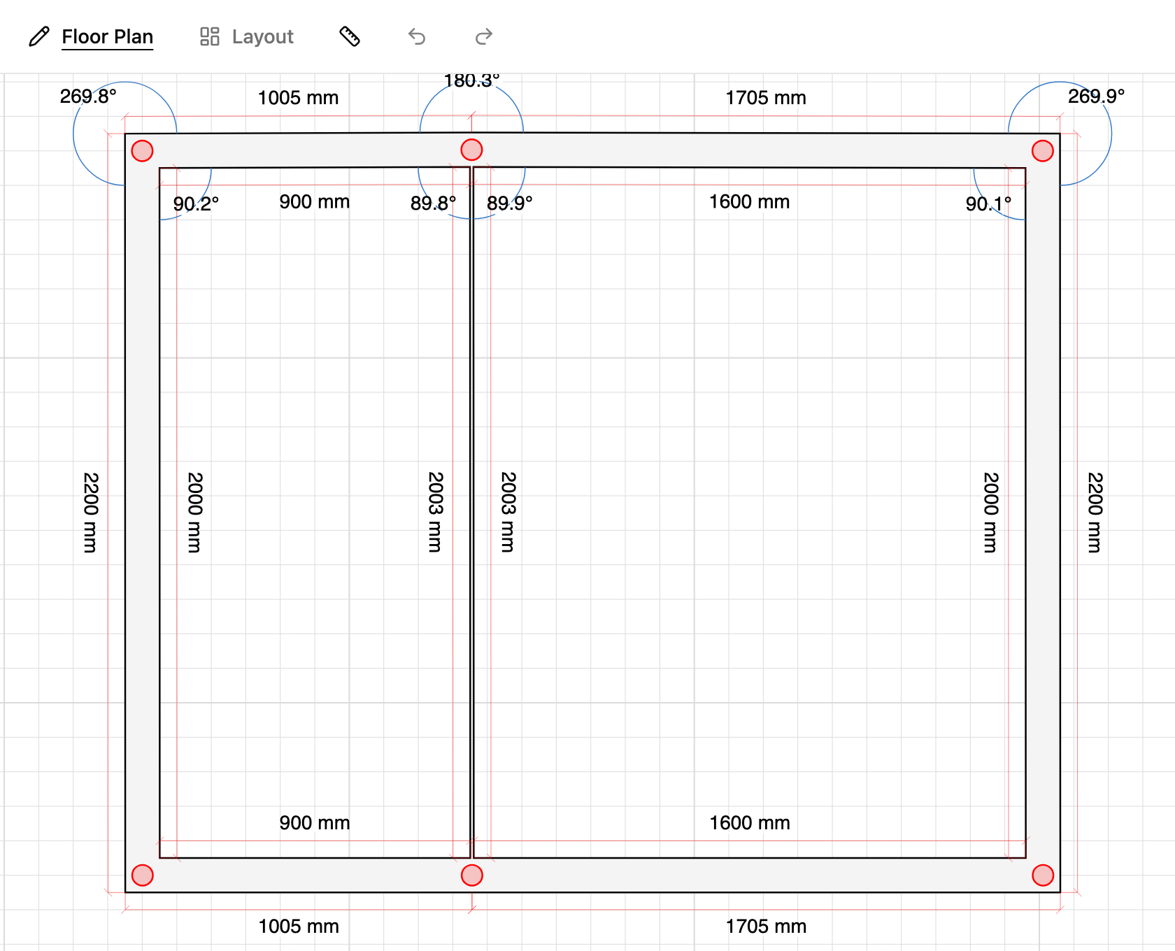 Dimension labels on an unwrapped shower wall layout in TilingPlan
